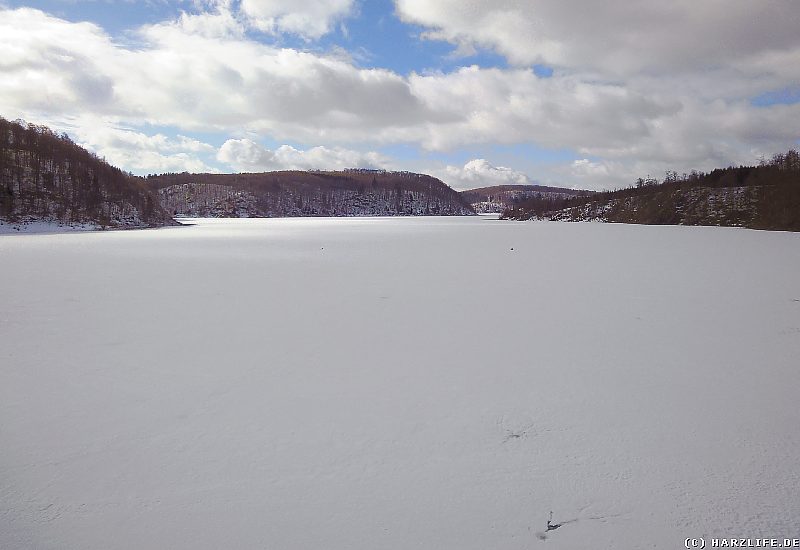 Blick über den zugefrorenen Rappbode-Stausee