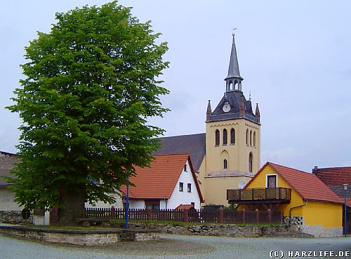 Ortsbild von Hayn mit neogotischer Kirche